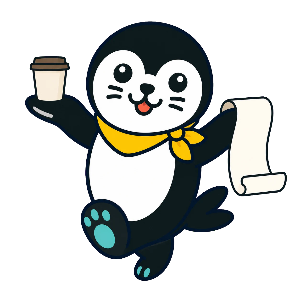 PhoqueCoin seal mascot carrying coffee and a receipt